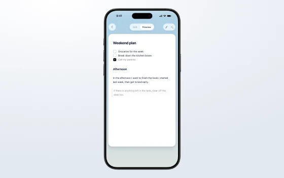 Preview mode on an iPhone: the same note laid out in blocks, each one tappable to edit.