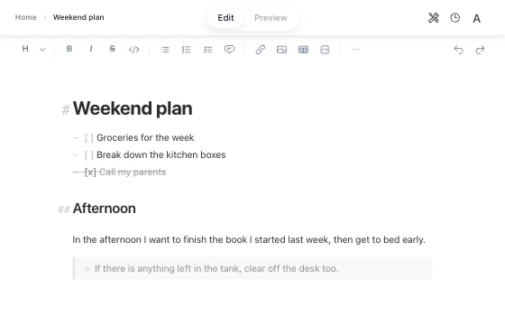 A note in edit mode: Markdown renders as you type, with the syntax marks faded.